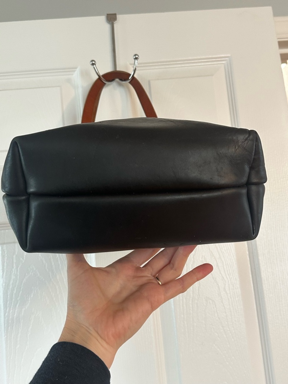 Portland Leather Black Top-Handle Shoulder Bag, Custom Brown Straps - Picture 2 of 8